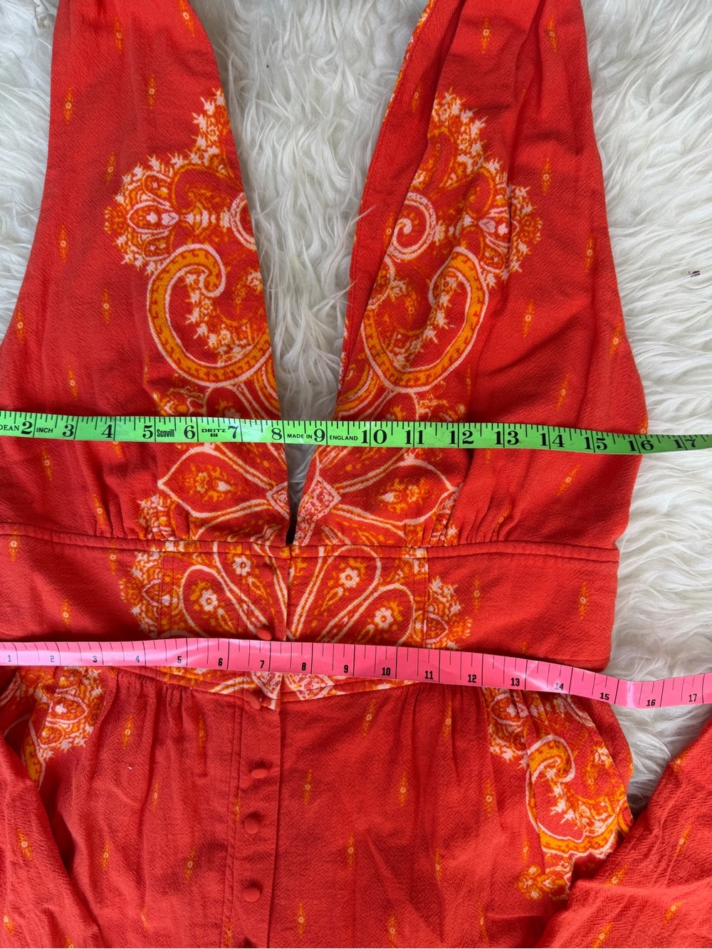 Free People Small Orange Paisley Open Back Wide Leg Boho Jumpsuit Pockets - Picture 6 of 8